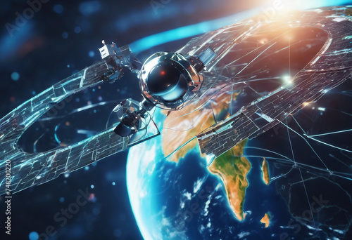 Telecom communication satellite orbiting around the globe earth with futuristic technology datum hol photo