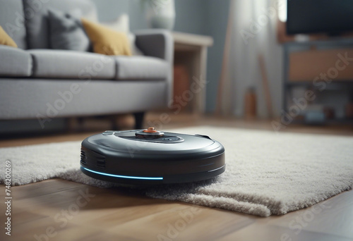 Wireless futuristic vacuum hoover cleaning machine robot on schedule in a living room with HUD datum