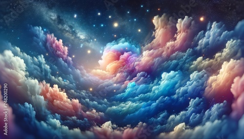 Digital illustration of colorful cosmic clouds with a starry night sky perfect for backgrounds and space-themed designs