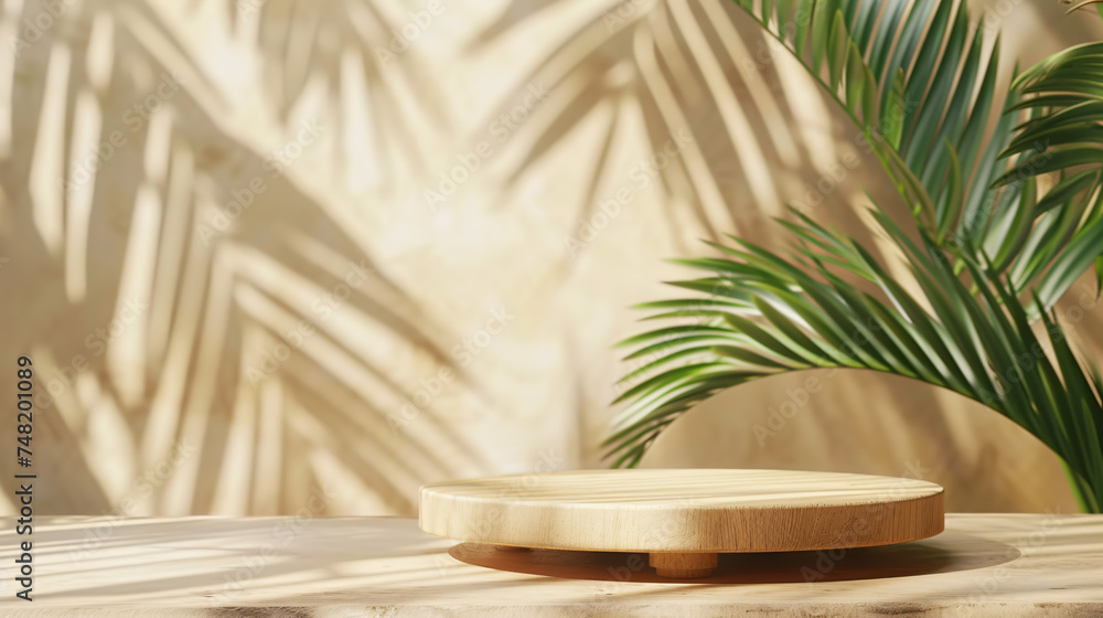 Wood podium on beige background with palm leaves for cosmetic product mockup Wood podium on beige background with palm leaves for cosmetic product mockup