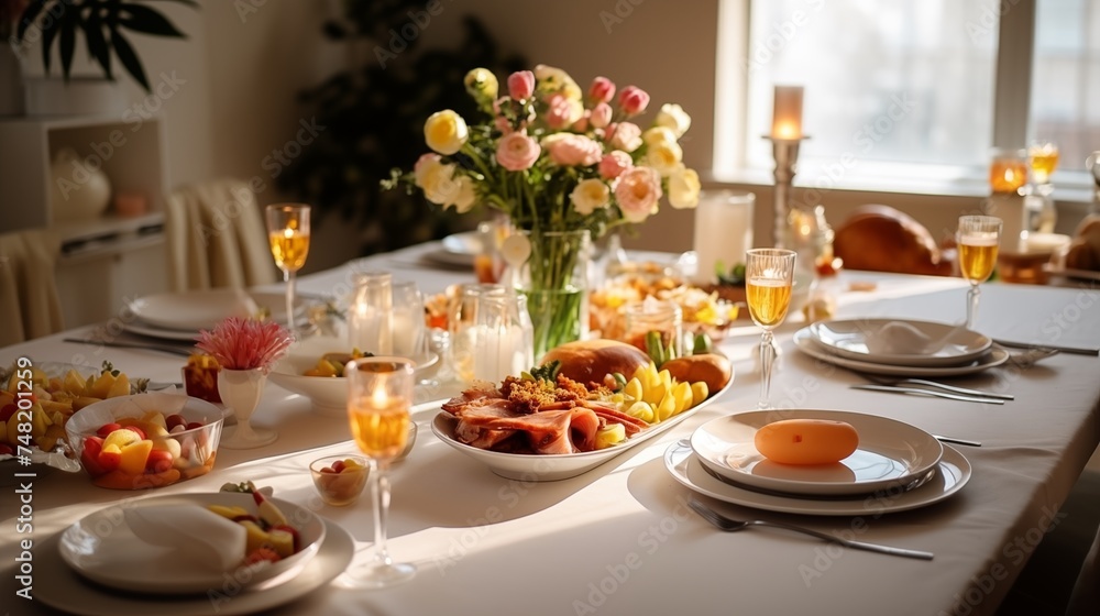 table prepared with food for the festive occasion, offering a delightful array of dishes to celebrate the special event.
