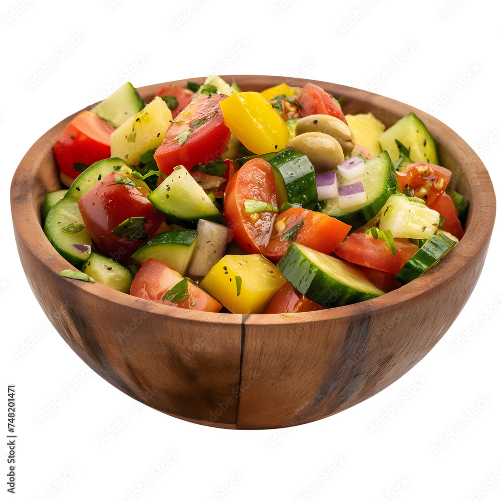 Vegetable salad mixed in a wooden bowl isolated on transparent background generative ai Vegetable salad mixed in a wooden bowl isolated on transparent background generative ai