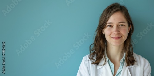 A young female doctor with a gentle smile, wearing a lab coat and stethoscope, represents compassionate care on World Health Day against a blue backdrop.