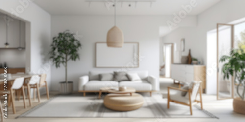Defocused shot of a bright, airy Scandinavian-style living space with minimalist design. Resplendent. photo