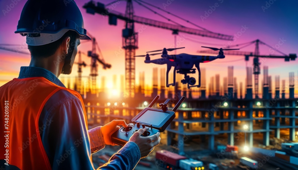 Photo of a construction engineer operating a drone against a backdrop of cranes and sunset.
