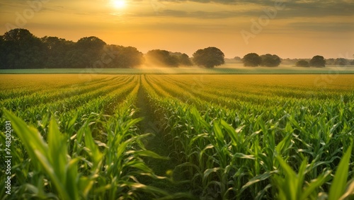 Illinois Corn field at sunrise . Agricultural theme