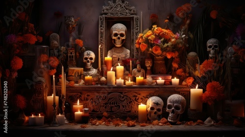 Traditional Mexican home altar decorated with human skulls, burning candles, bread and marigolds flowers, Day of the dead. © junky_jess