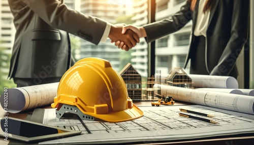 Photo of a business handshake in a construction setting with safety helmet and blueprints.