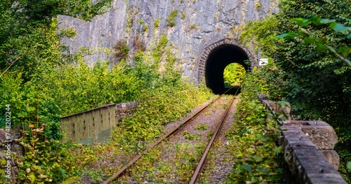 Panoramic view of an old railroad tunnel through limestone rock in the Hönnetal (Sauerland Germany) with the railway branch line connecting Balve and Menden Germany on a sunny day in idyllic canyon. photo