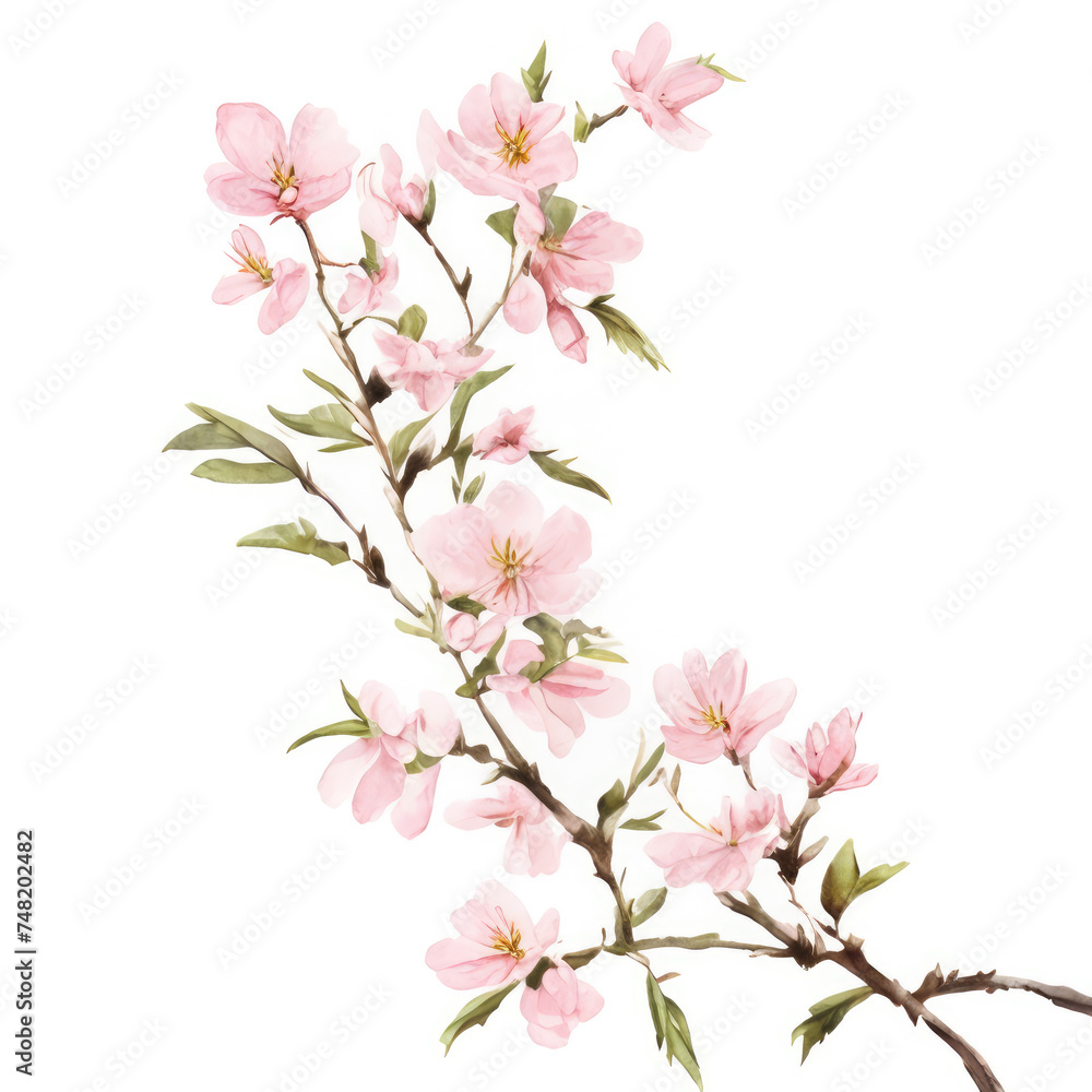 Beautiful illustration with a pink branch of cherry blossoms. Watercolor.
