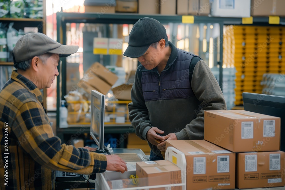 Two Asian owners, entrepreneurs, are standing in a warehouse, examining boxes carefully. Two Asian owners, entrepreneurs, are standing in a warehouse, examining boxes carefully.