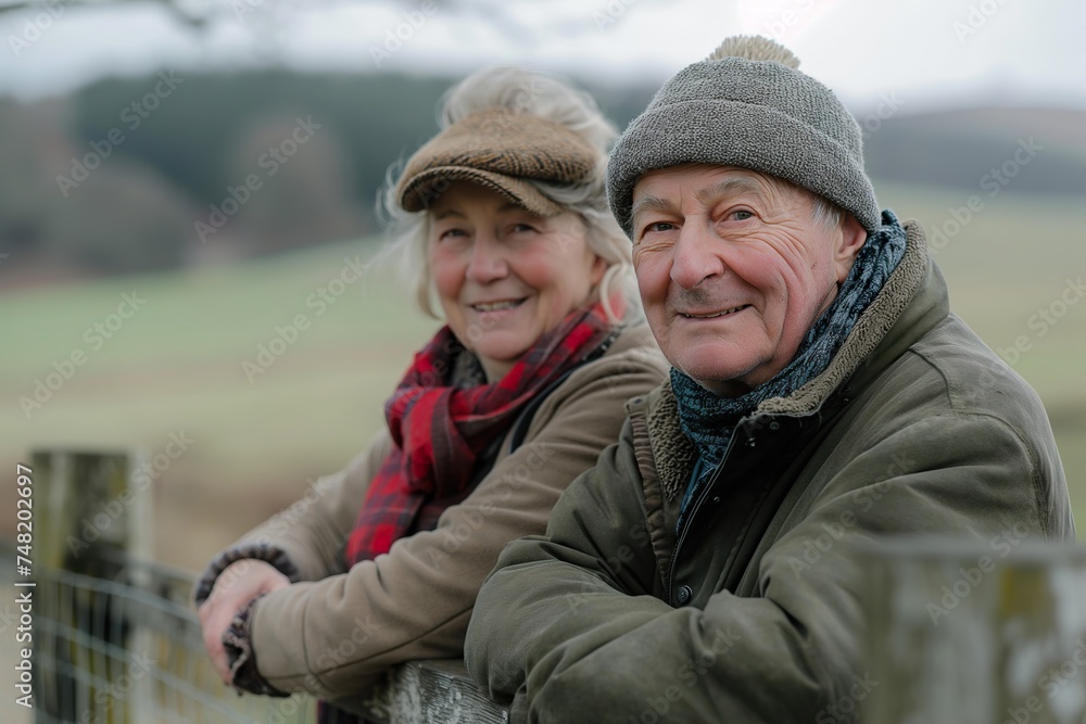 A senior couple is standing by a fence in a rural countryside setting. A senior couple is standing by a fence in a rural countryside setting.