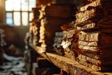 Pile of wooden building materials in a factory, close-up