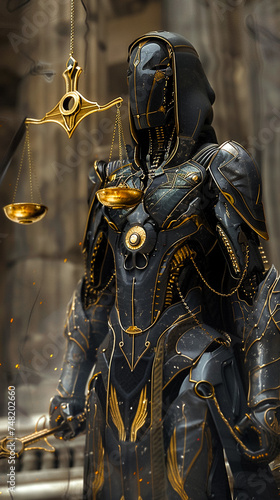 Osiris judge of the dead his cyborg form integrating ancient scales and futuristic justice algorithms presiding over a digital afterlife photo