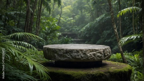 empty stone product display podium with tropical forest background . product presentation ideas