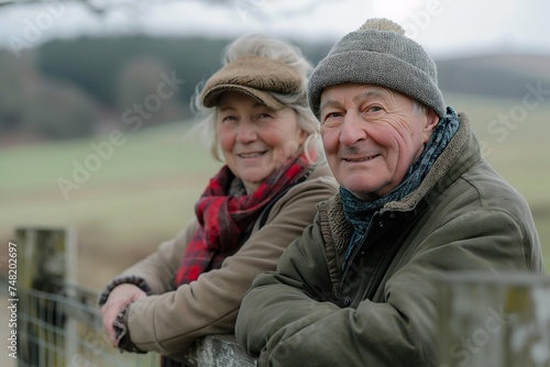 A senior couple is standing by a fence in a rural countryside setting.