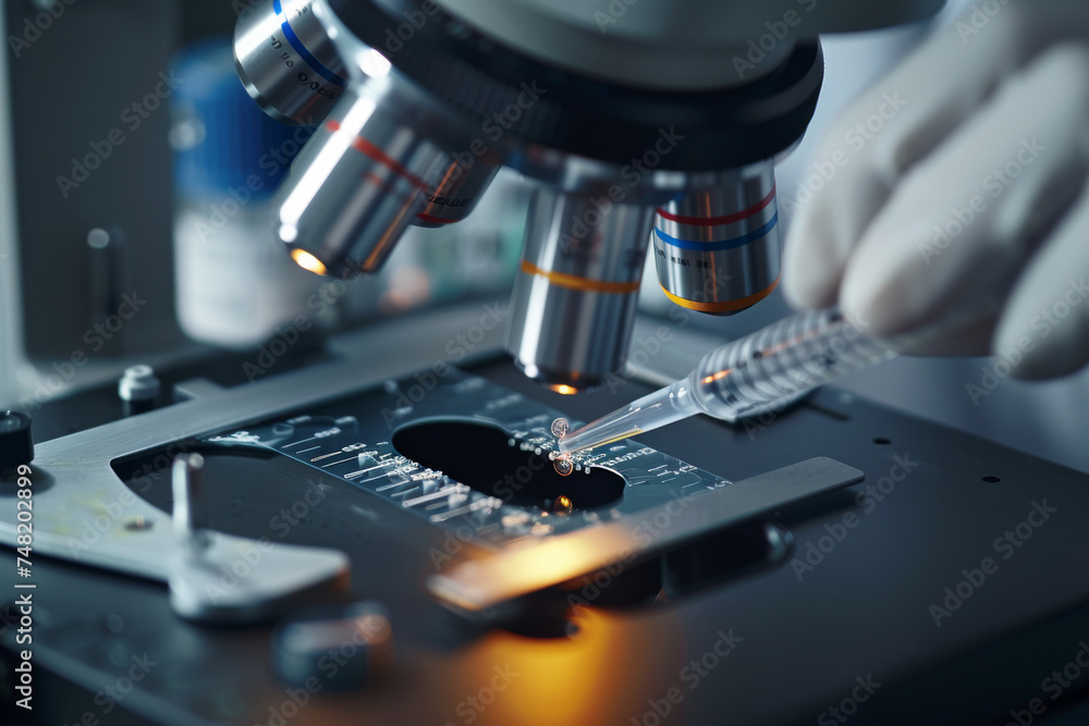 A microscope is being used to look at a sample A microscope is being used to look at a sample