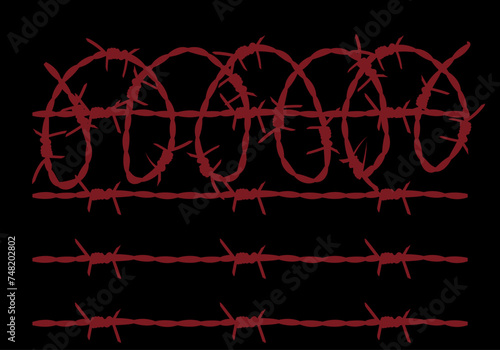 Campo de refugiados o prisioneros o de concentración. Alambrada sangrienta roja en la oscuridad