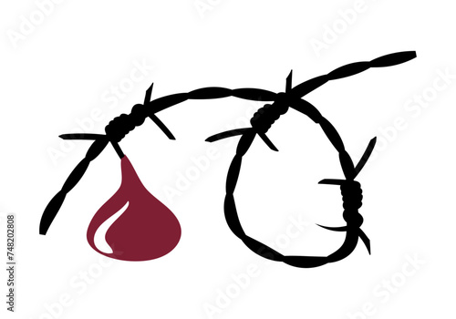 Gota de sangre chorreando de una alambrada circular de espinas. Campo de refugiados o prisioneros o de concentración