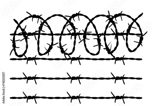 Campo de refugiados o prisioneros o de concentración. Alambrada negra sobre fondo blanco. 