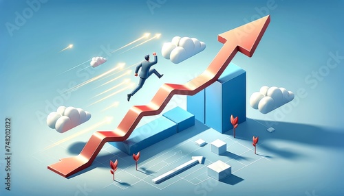 Isometric vector of a businessman leaping on a growth arrow concept for corporate success and career advancement photo