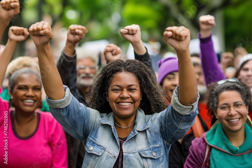 Multiethnic individuals enthusiastically raising fists in unison. © Joaquin Corbalan