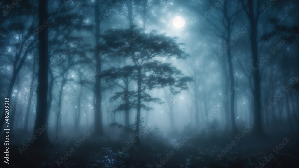 Fototapeta premium Enchanting Moonlit Forest Shrouded Mist