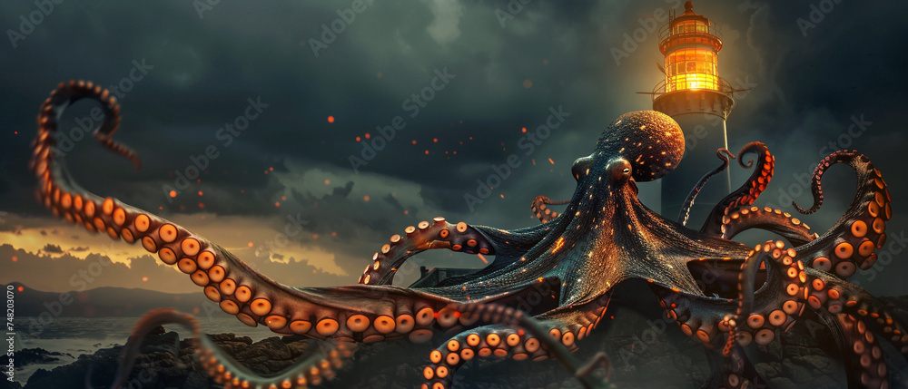 Obraz premium Giant octopus enveloping a lighthouse tentacles glowing with bioluminescence in a surrealistic twilight attack
