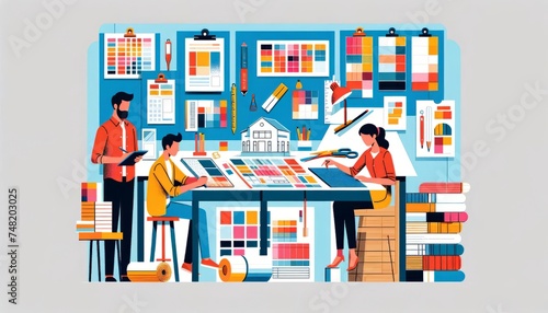 Vector illustration of a design team working in a colorful office.