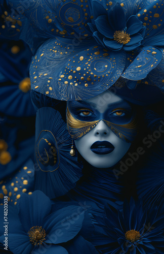 A dark, elegant design featuring blue flowers and golden details photo