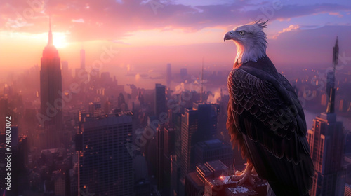 Giant eagle perched atop a skyscraper overlooking a bustling metropolitan skyline at dawn photo