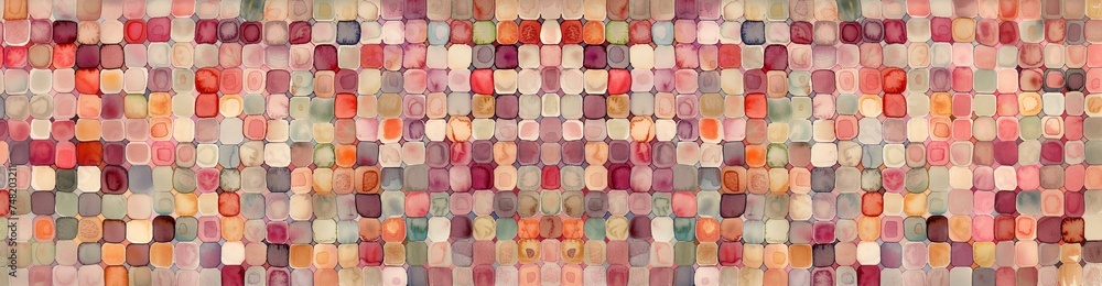 Small rounded squares creating charming pattern in soft pink, purple, maroon, violet, and orange watered colors. Vintage artistic style banner bringing blissful enjoyment, beauty, retro feeling. Small rounded squares creating charming pattern in soft pink, purple, maroon, violet, and orange watered colors. Vintage artistic style banner bringing blissful enjoyment, beauty, retro feeling.