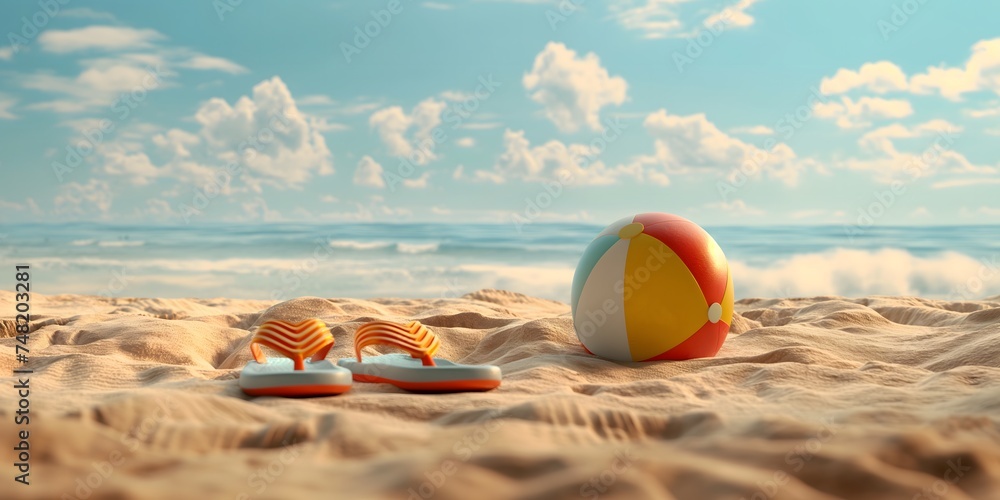 Flip-flops rest on a sandy beach, set against a backdrop of blue sea and sky, embodying the essence of a summer vacation. - obrazy, fototapety, plakaty 