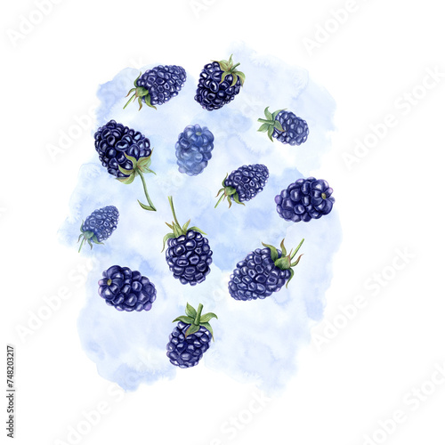 Juicy ripe blackberry with splashes berry juice. Watercolor summer botanical illustration. Flying dewberries on blue texture. For menu, cocktail party, flyer, posters, for the design of postcard photo