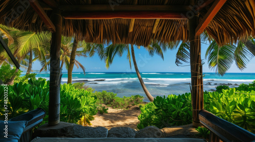 Background Relax in a private cabana surrounded by palm trees with a view of the sparkling ocean in the distance.