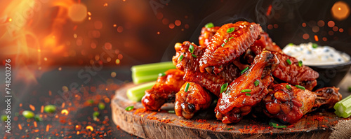 Spicy buffalo wings served with celery sticks and blue cheese dip on a rustic wooden board with a fiery red background Top view space to copy.