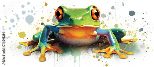 vector illustration Watercolor cartoon front view of cute big eyes green frog in standing style on white background