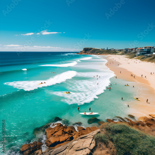Captivating Australian beach crowded with surfers, bathers and sun-soothers