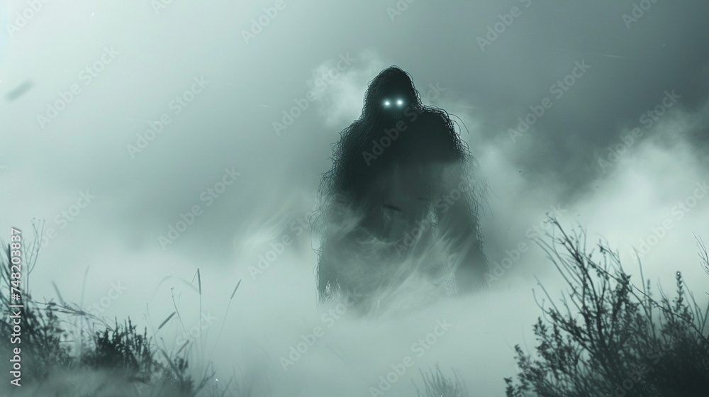 A vengeful spirit emerging from the fog on a battlefield its form barely visible yet unmistakably there eyes glowing with fury - obrazy, fototapety, plakaty 