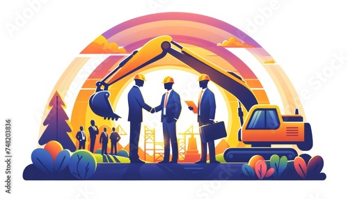 Vector illustration of businessmen shaking hands at a construction site with an excavator and sunset
