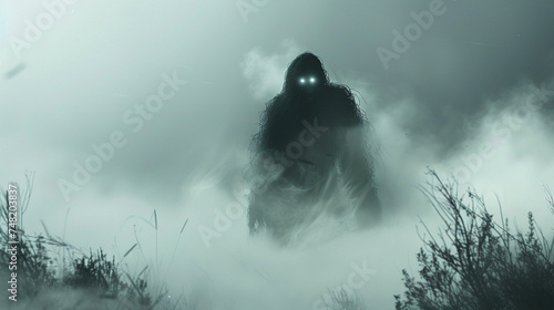 A vengeful spirit emerging from the fog on a battlefield its form barely visible yet unmistakably there eyes glowing with fury