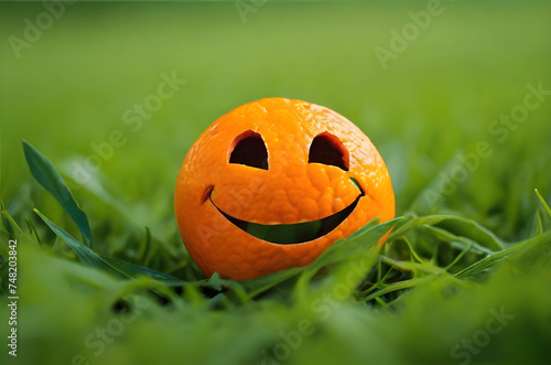 Smiley Orange on the Grass. AI Generative Illustration.