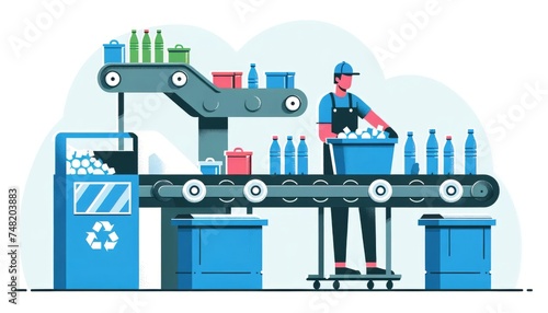 Vector illustration of a worker sorting recyclables on a conveyor belt.