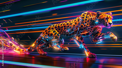 A sleek cyborg cheetah racing across a neon-lit plain blending speed with technology a dynamic cover choice for a sports and science magazine