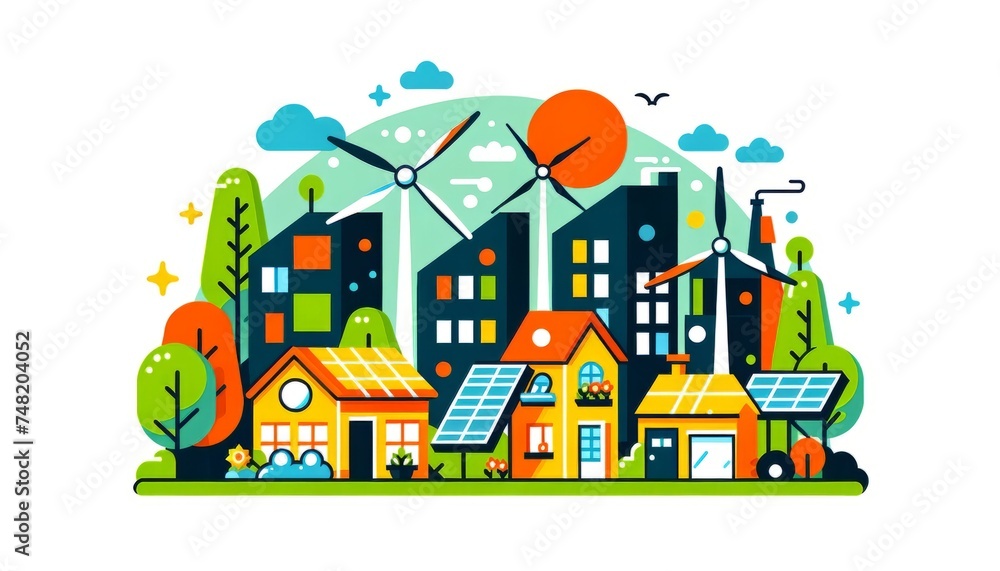 Colorful vector illustration of an eco-friendly urban community with renewable energy solutions ideal for sustainability projects