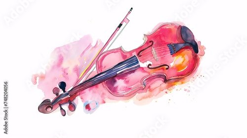 Fotografi Musical instrument violin retro expressive watercolor illustration on white back