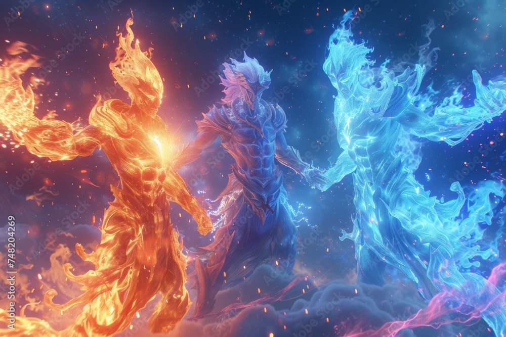 Three elemental beings made of fire, ice, and lightning are interacting in a cosmic, otherworldly environment.
Three elemental beings made of fire, ice, and lightning are interacting in a cosmic, otherworldly environment.