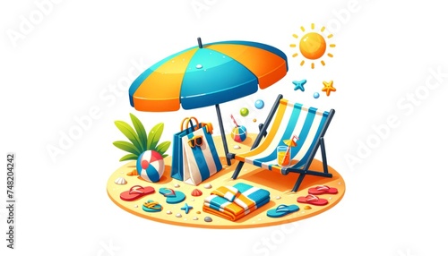 Vibrant vector illustration of a beach vacation scene with an umbrella and lounge chairs, great for travel and summer themes