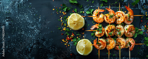 Succulent shrimp skewers with zesty lemon wedges on a sleek black surface Top view space to copy.