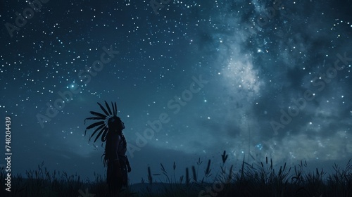A young Iroquois warrior gazes up at the starry sky seeking guidance and wisdom from the Great Spirit. He understands the importance of spirituality in both daily life and photo